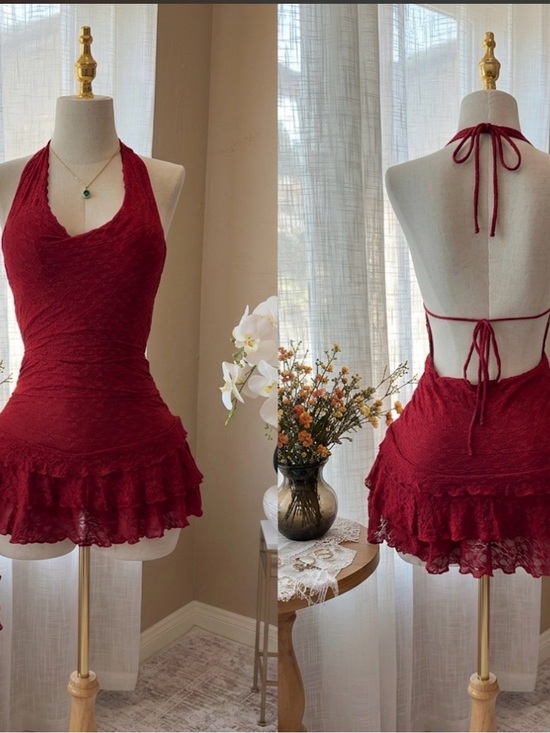 None Dresses & Skirts - Red Lace Halter Mini Dress with Ruffle Hem